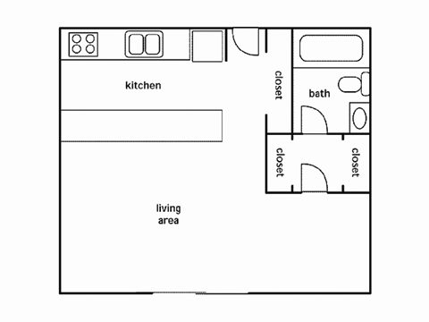A floor plan of a small apartment with a kitchen, living area, bathroom, and two closets.